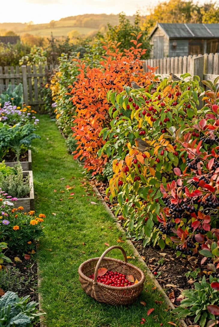 Mixed hedge of serviceberry, red cornelian cherries and black chokeberry in fall color with a basket of picked fruit on the grass
