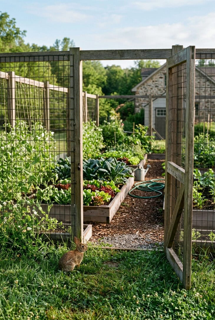 Fenced kitchen garden with tall mesh deer fence, an open wooden gate, raised beds and peas climbing the wire, with a rabbit waiting outside