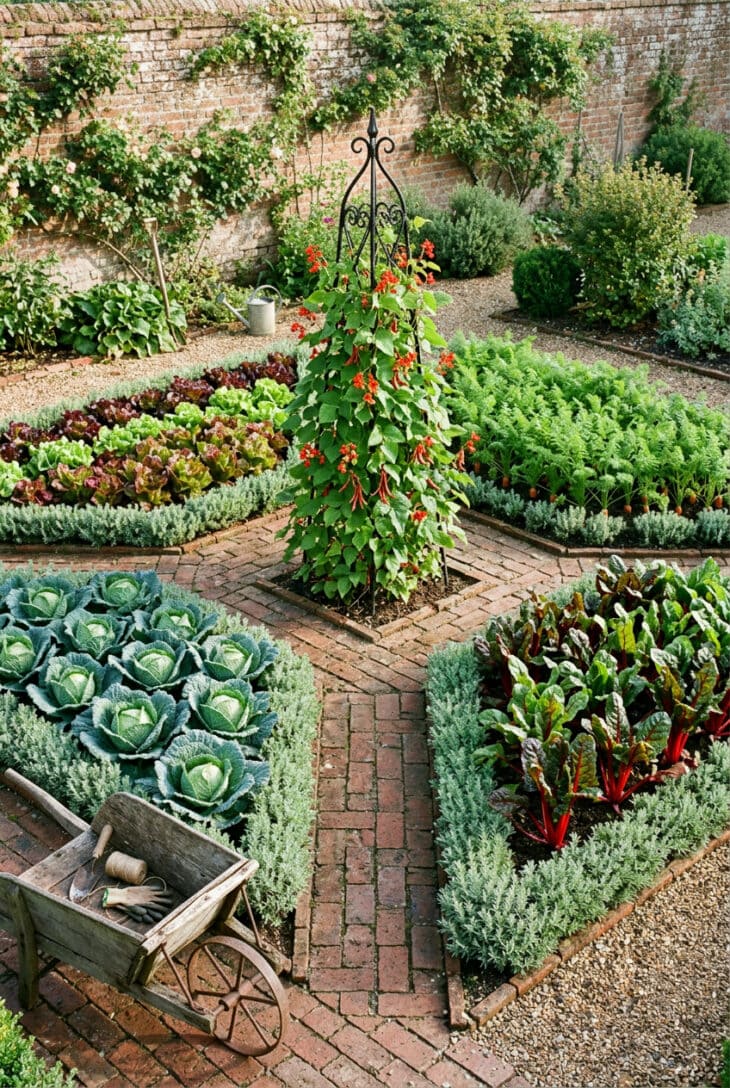 Square kitchen garden divided into four beds by brick paths, with a bean-covered iron obelisk at the center and lettuce, carrots, cabbage and chard in blocks