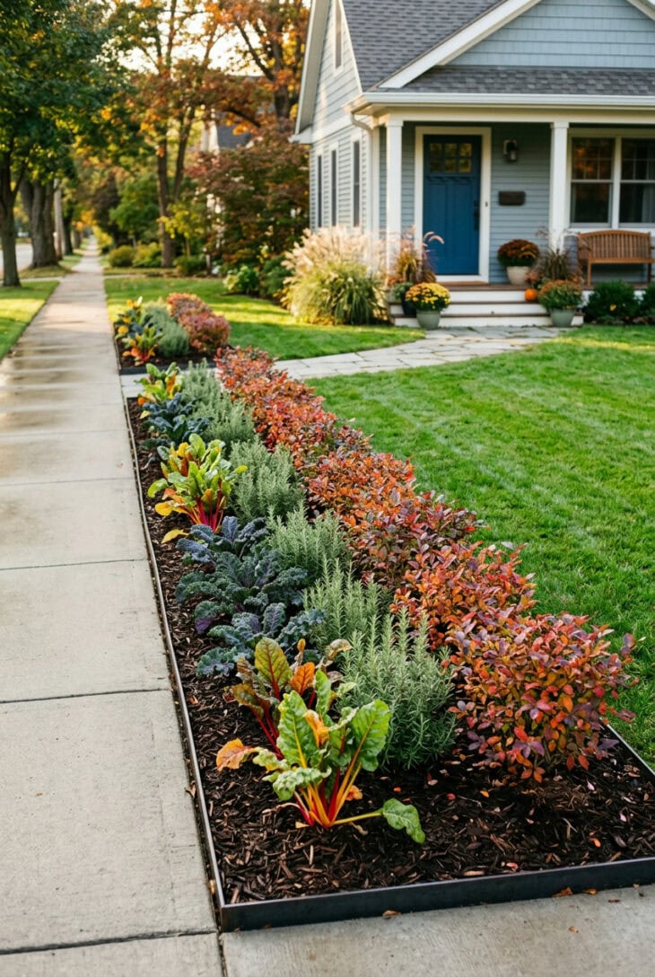 Tidy front yard border of rainbow chard, red kale, rosemary and blueberry bushes with crisp edging and dark mulch beside a lawn