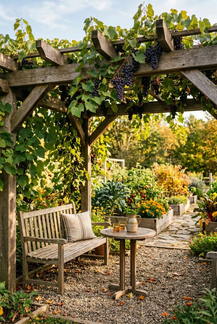 Wooden pergola draped in grapevines with hanging purple grape clusters over a bench and small table beside kitchen garden beds