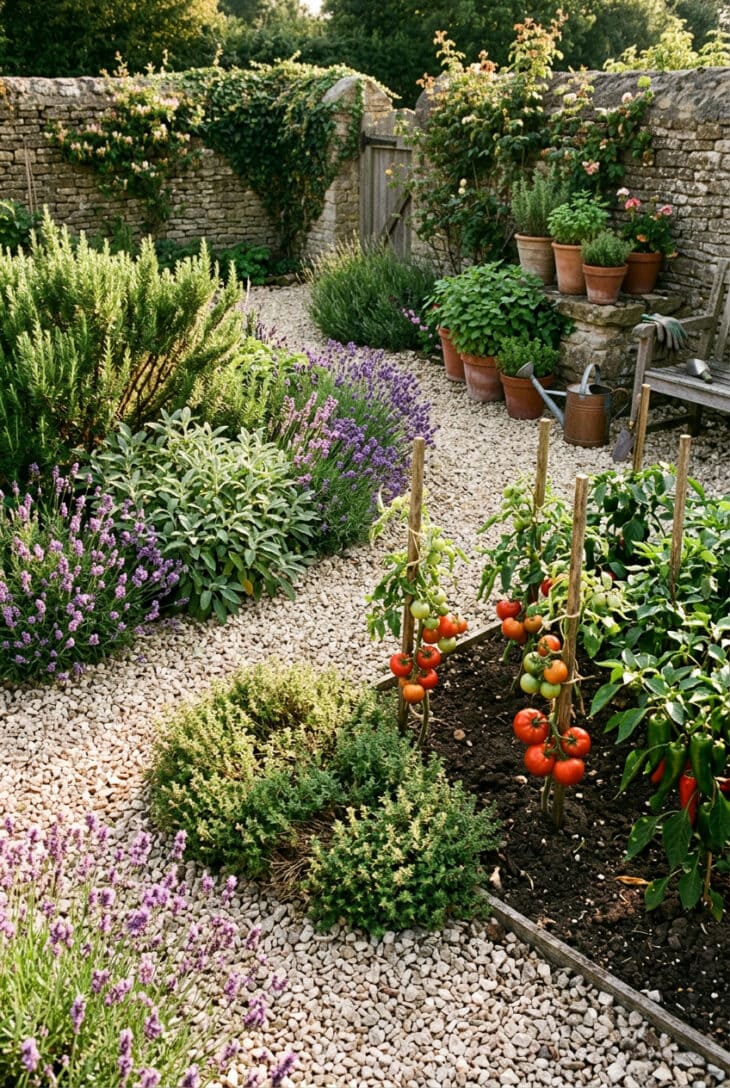 Gravel-mulched sunny kitchen garden with rosemary, sage, thyme and lavender and staked tomatoes beside a low stone wall