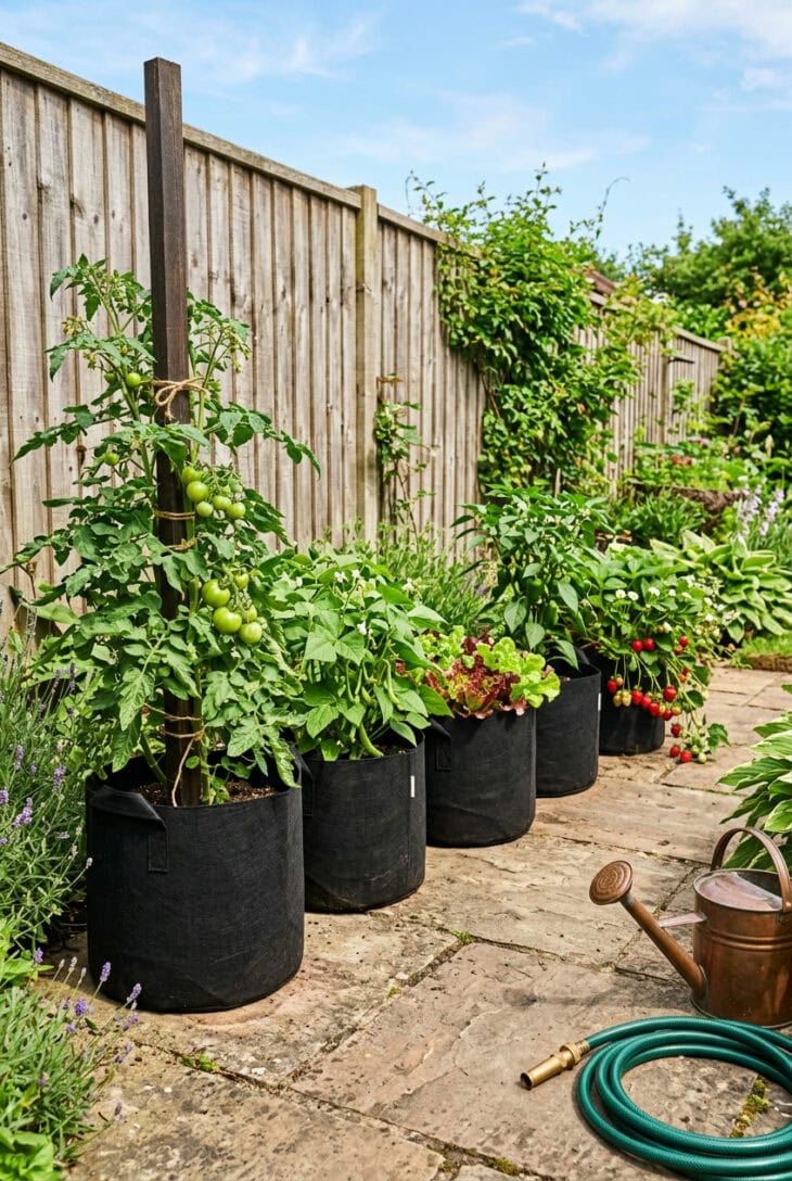 Row of fabric grow bags on a sunny patio holding a staked tomato, peppers, lettuce, beans and strawberries