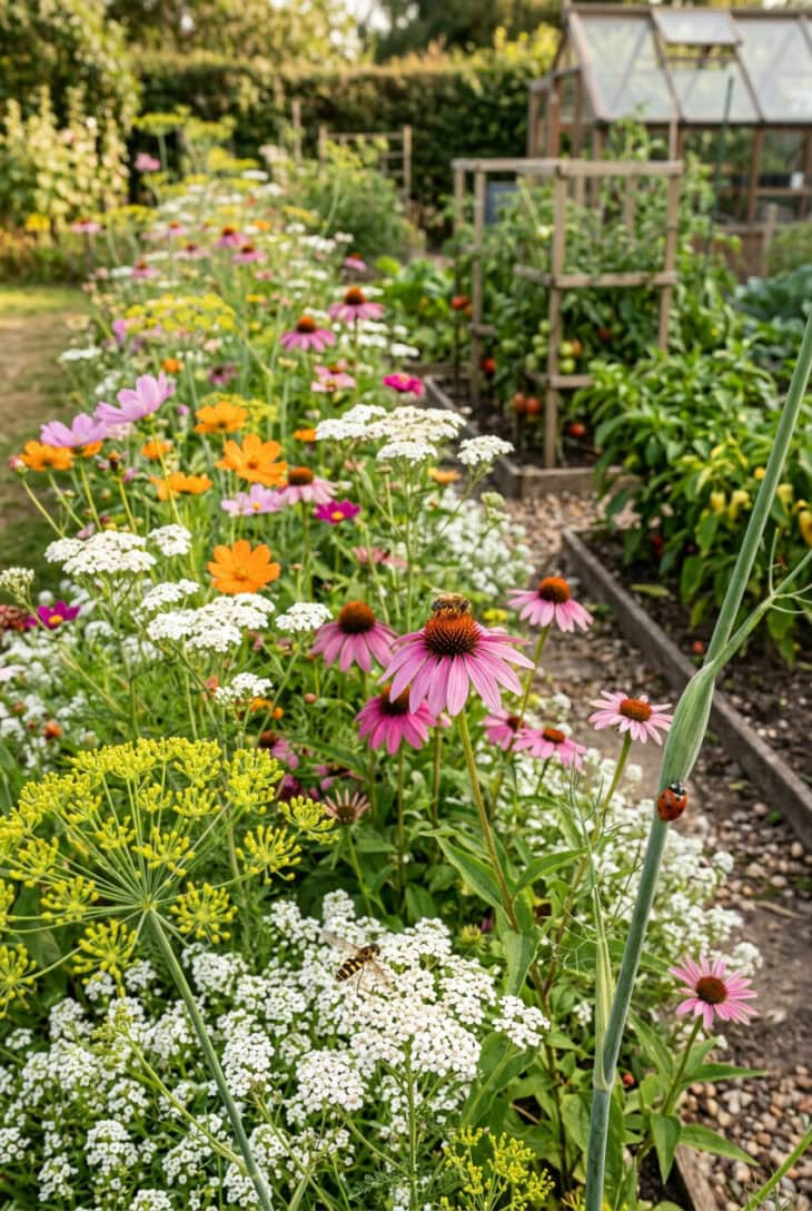 Flowering strip of dill, sweet alyssum, pink coneflowers and cosmos with a hoverfly and ladybug beside a vegetable bed