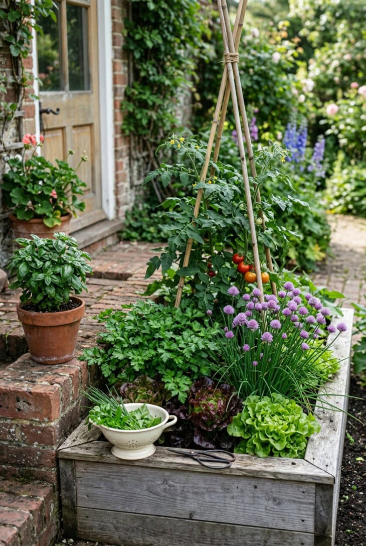 Small cedar bed beside a back door filled with lettuce, parsley, chives and a staked cherry tomato plant, with basil in a pot on the step