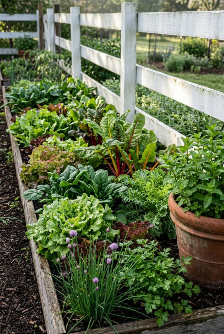 Shaded bed beside a white fence with lettuce, spinach, rainbow chard and endive, and a pot of mint at the end