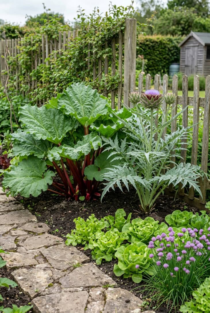 Large rhubarb clump with red stalks next to a silver-leaved globe artichoke with a flower bud in a kitchen garden