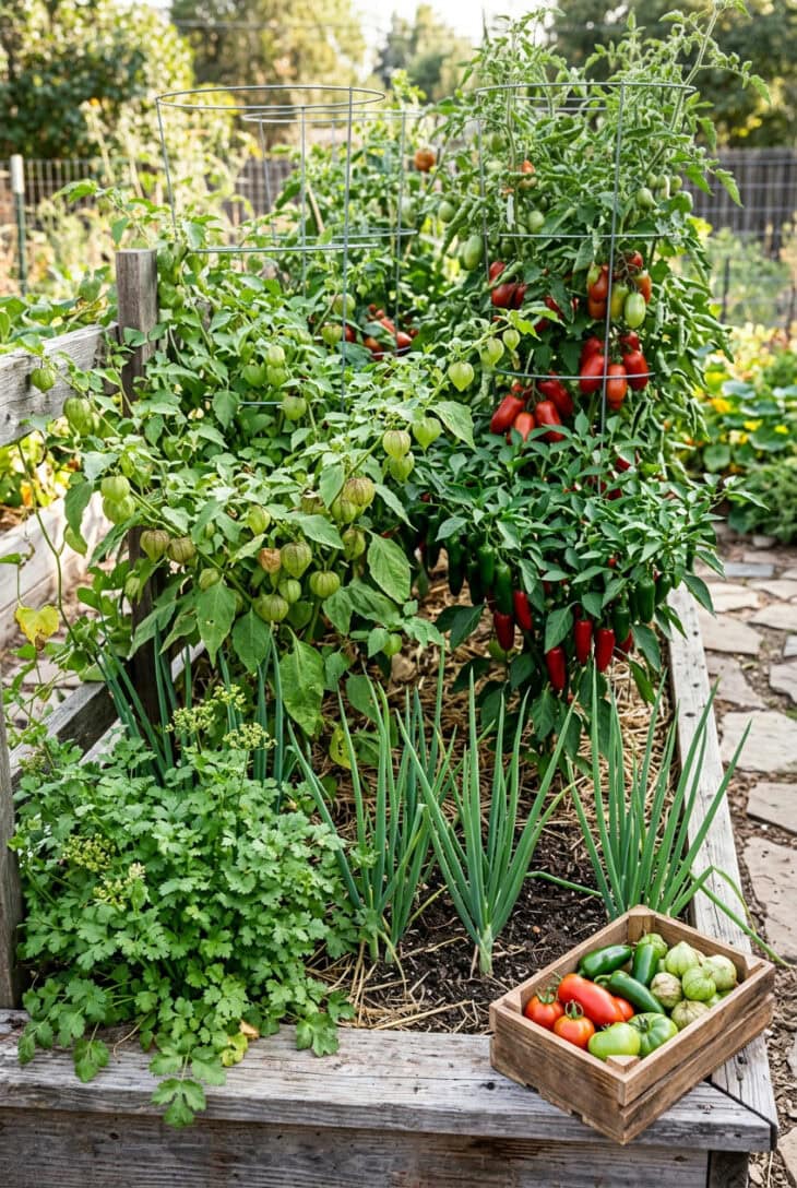 Raised bed of caged paste tomatoes, jalapeno plants, tomatillos in papery husks and cilantro, with a crate of the harvest on the ledge