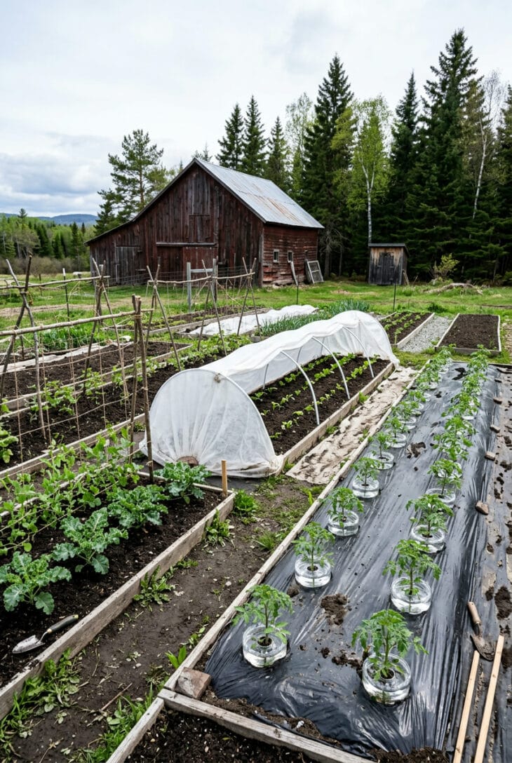 Northern kitchen garden with a row-cover hoop, tomatoes in black plastic mulch with water-filled protectors, and kale and peas