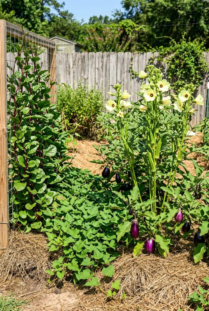 Summer kitchen garden of okra with yellow flowers, purple Malabar spinach vines, eggplant and sweet potato vines over straw mulch