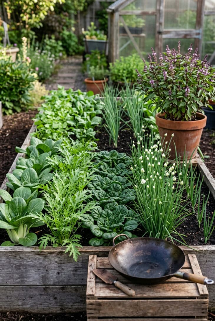 Bed of pak choi, mizuna, tatsoi, garlic chives and green onions beside a pot of Thai basil with a wok at the edge