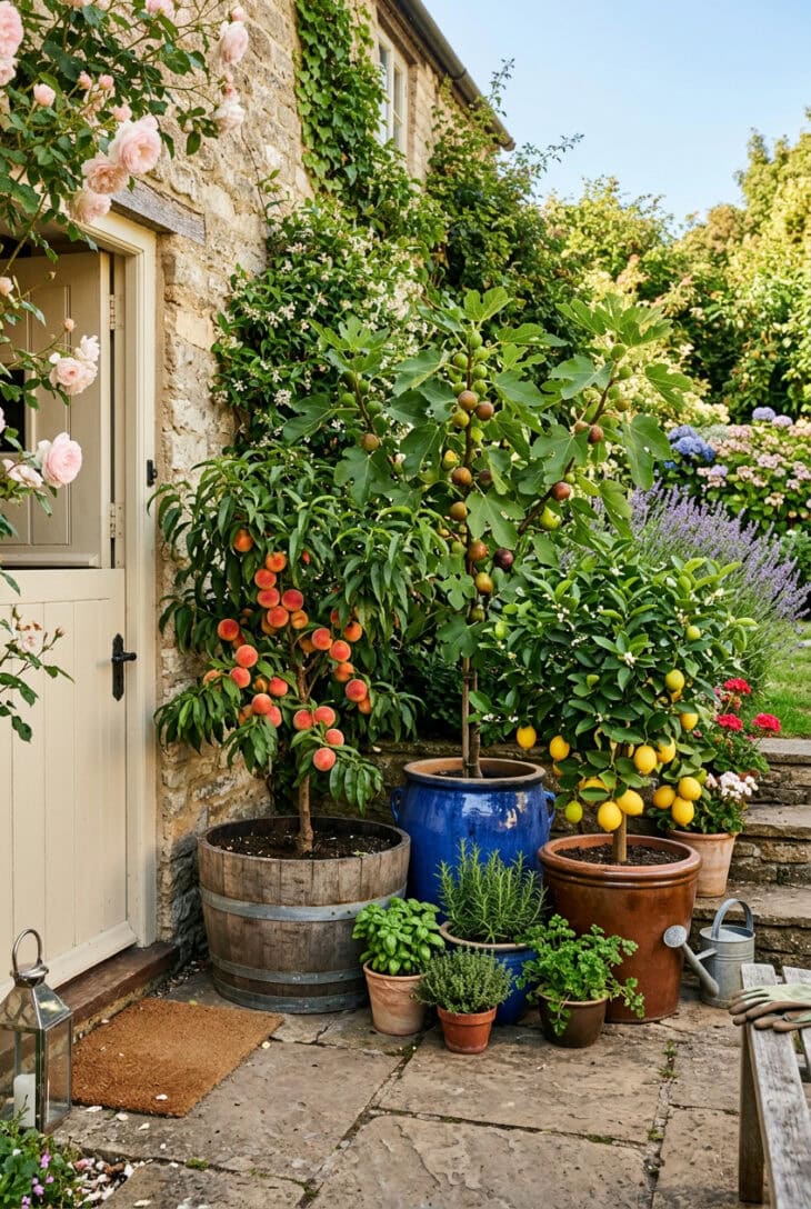 Terrace with a dwarf peach, a fig and a Meyer lemon growing in large barrel and ceramic planters