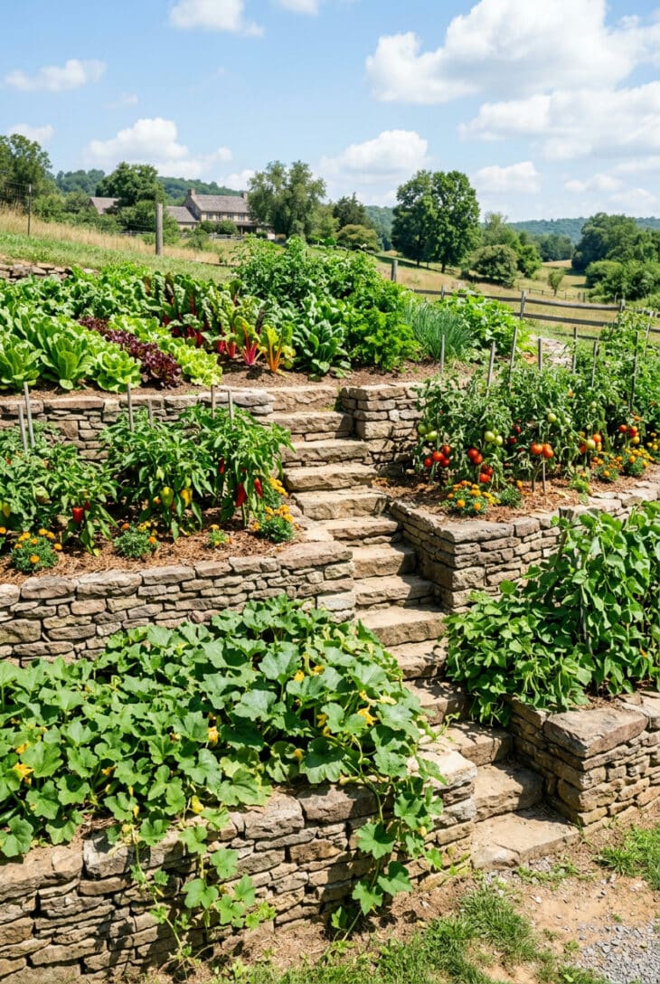 Three stepped stone-walled terraces on a slope planted with lettuce, tomatoes and squash joined by a narrow central staircase