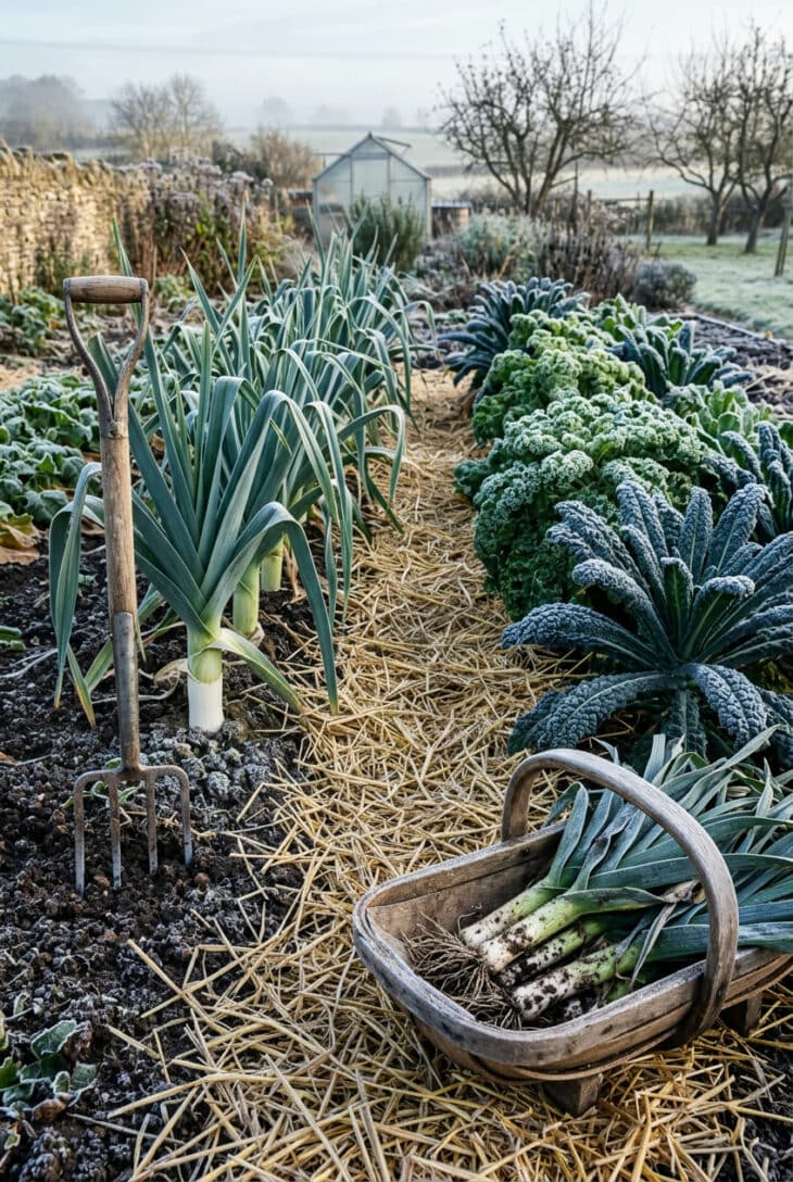 Frosted leeks and kale rising from straw-mulched soil with a trug of harvested leeks and a garden fork