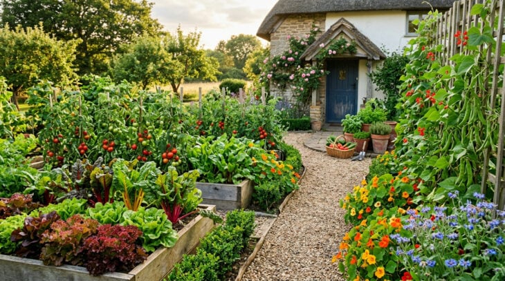 Summer kitchen garden with cedar raised beds of lettuce, chard and tomatoes, a bean trellis and herb pots along a gravel path to a back door