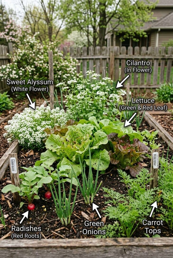 Companion planting diagram for lettuce with sweet alyssum, cilantro, and radishes labeled