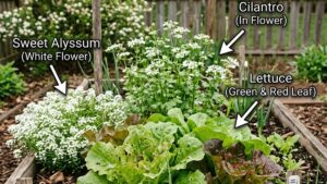 Lettuce heads in a raised garden bed with sweet alyssum and flowering cilantro behind them