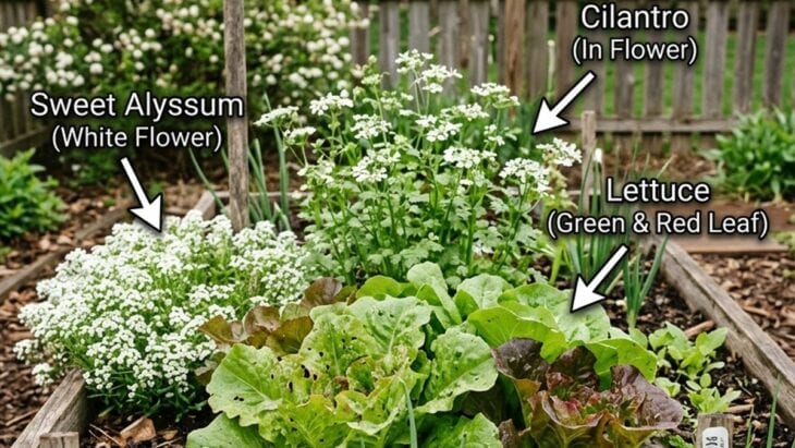 Lettuce heads in a raised garden bed with sweet alyssum and flowering cilantro behind them