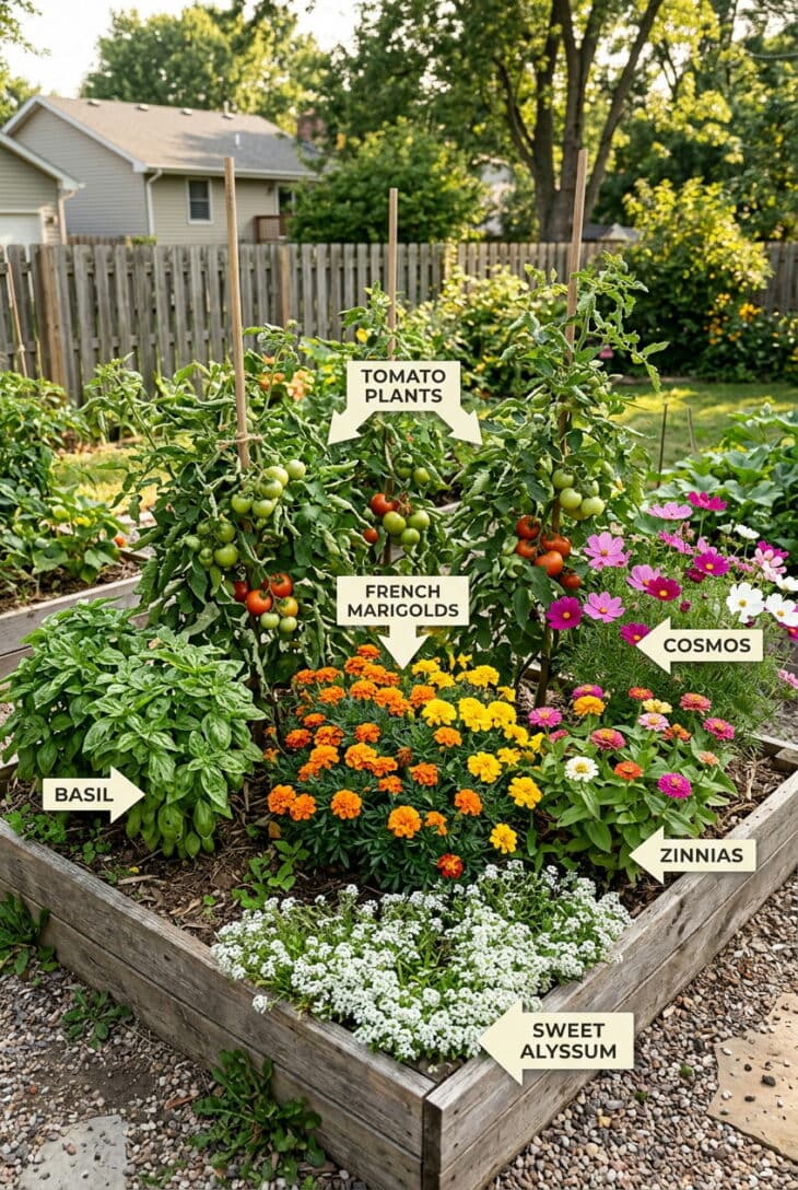 Companion planting diagram for marigolds with tomatoes, basil, and cosmos labeled
