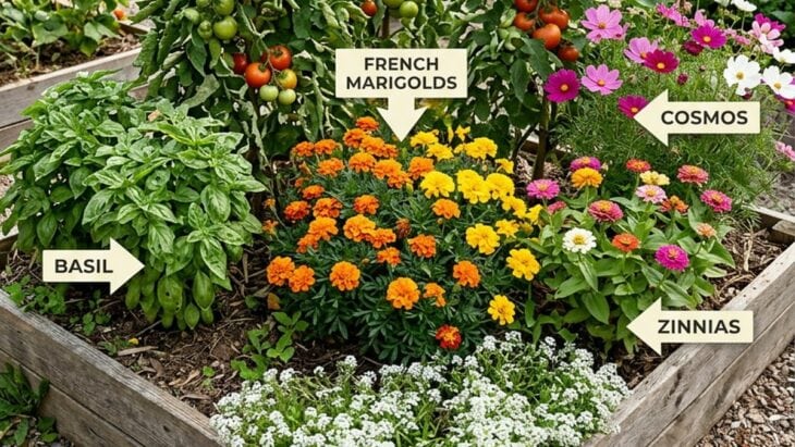 Companion planting bed with orange French marigolds, basil, cosmos and zinnias in a raised garden bed