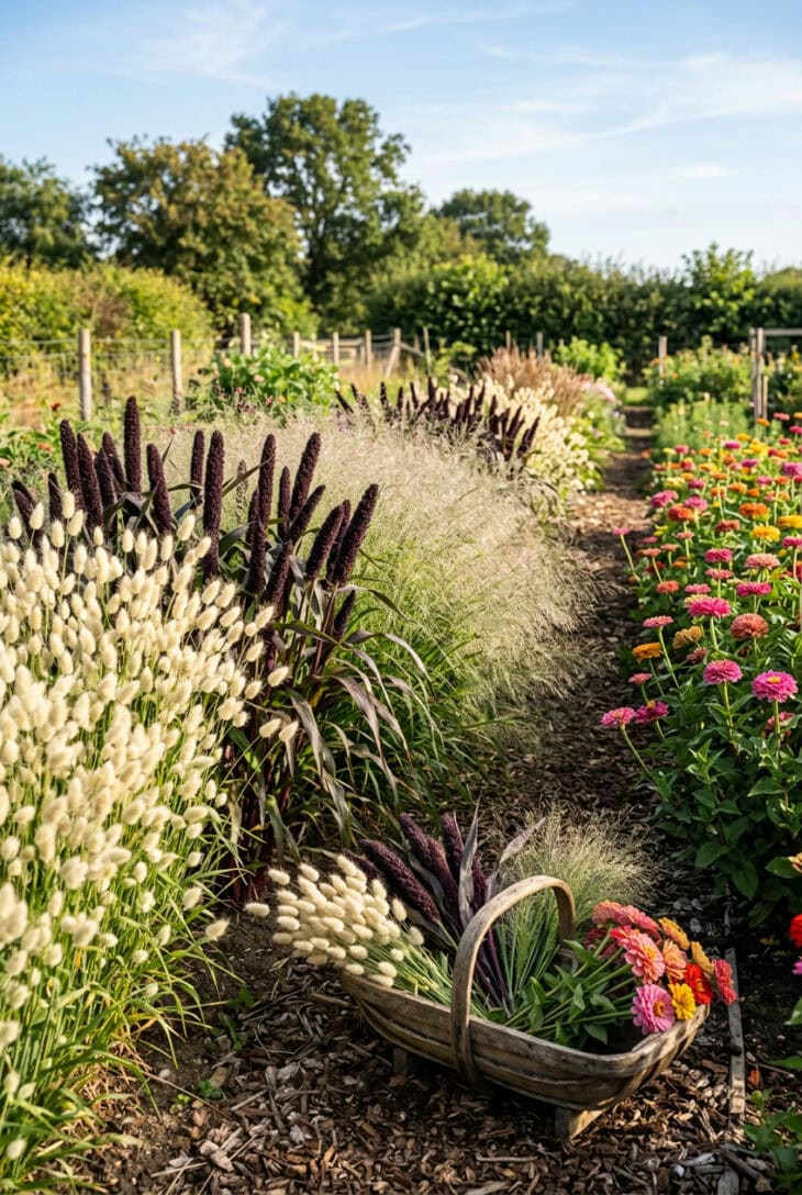 Cutting garden row of bunny tails, purple ornamental millet and zinnias with a trug of cut stems
