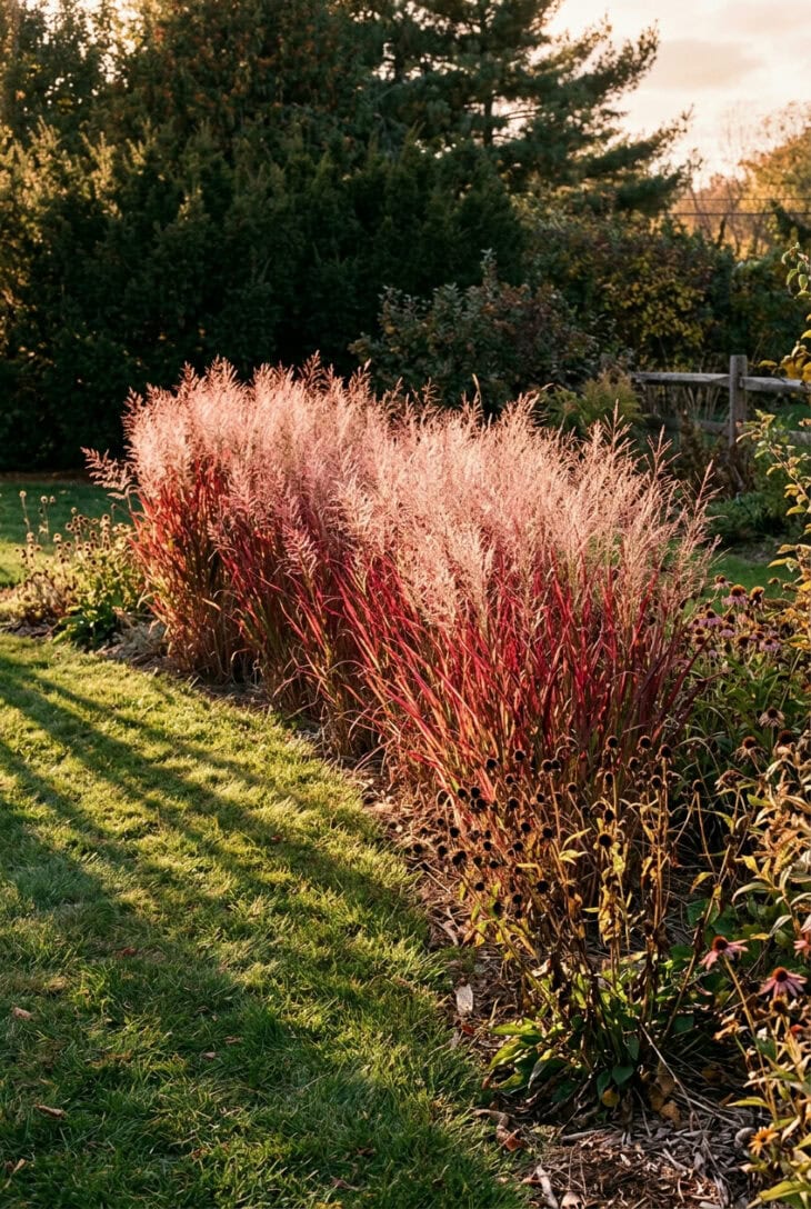 Drift of red-tipped switchgrass with glowing seed heads backlit by low October sun