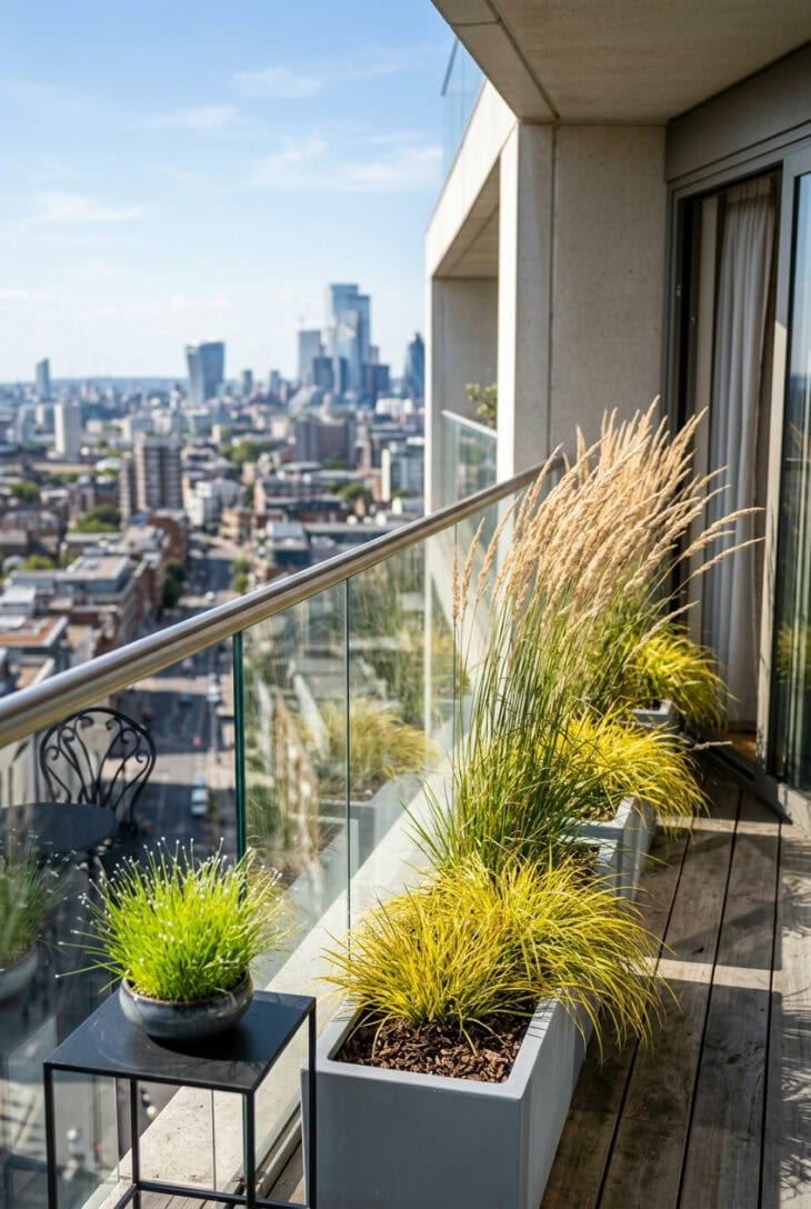 Apartment balcony with fiberglass troughs of feather reed grass and golden sedge against a city skyline