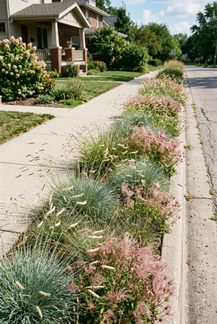 Curbside strip planted with blue grama grass and its eyelash seed heads beside a sidewalk
