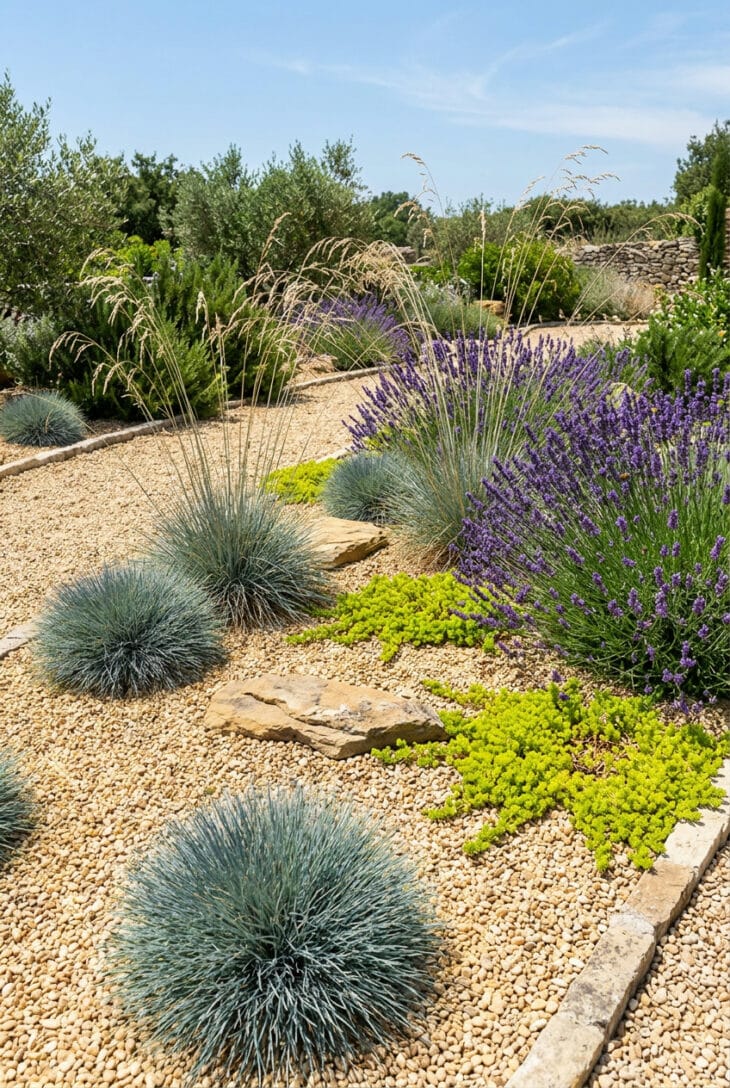 Blue fescue and blue oat grass tufts with lavender and sedum in a pale gravel garden