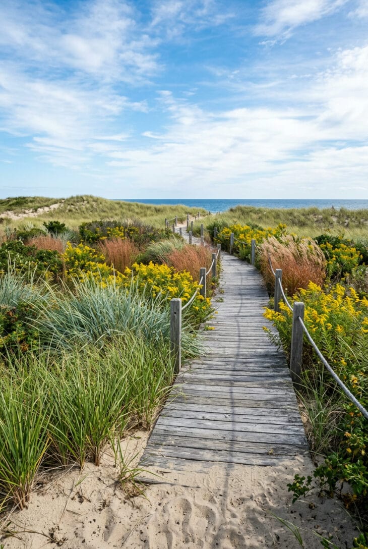 Beach grass, switchgrass and yellow seaside goldenrod on sand beside a boardwalk to the ocean