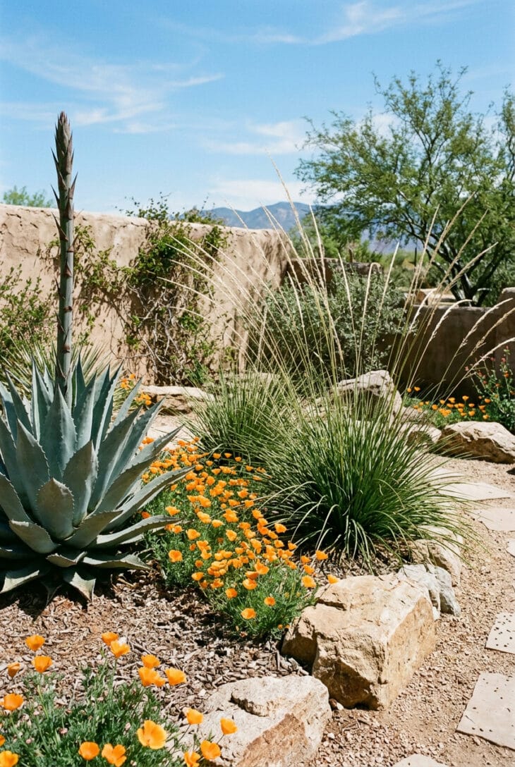 Deer grass clumps beside a blue century plant agave with orange California poppies in a desert garden