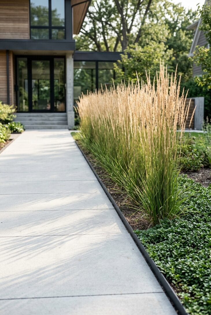 Single row of upright feather reed grass beside a modern concrete paver walkway