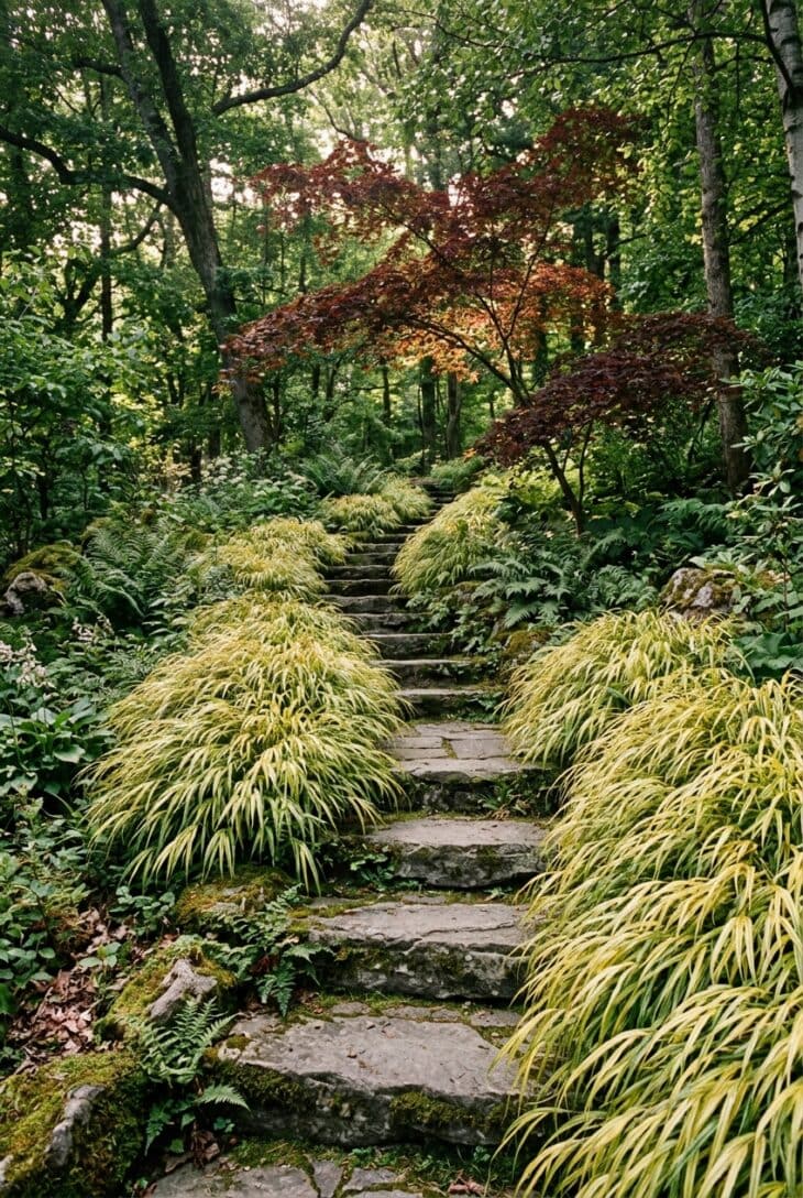Golden Japanese forest grass cascading over stone steps beneath a red Japanese maple