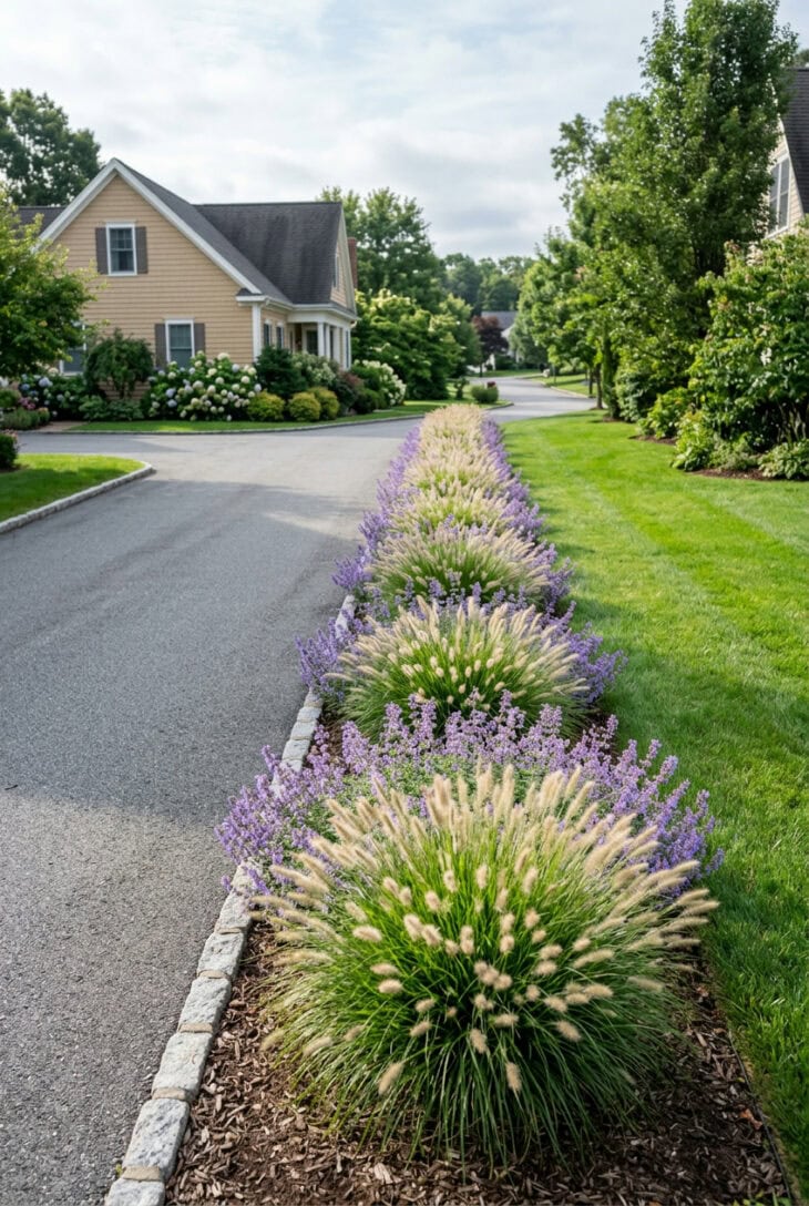 Fountain grass with fuzzy plumes alternating with blue catmint along a driveway