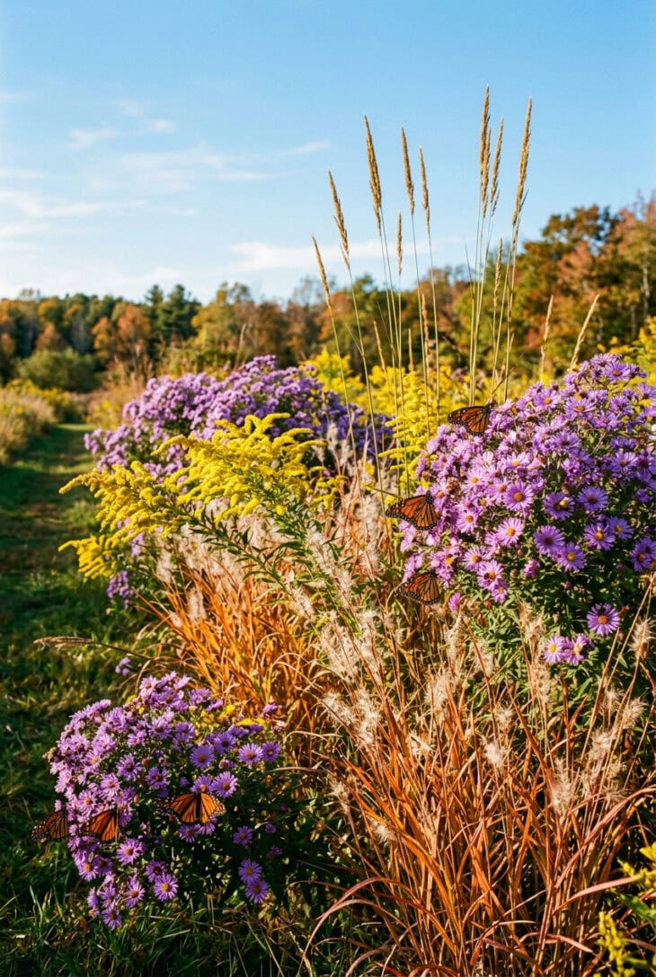 Indian grass and little bluestem woven through purple asters and yellow goldenrod with monarch butterflies