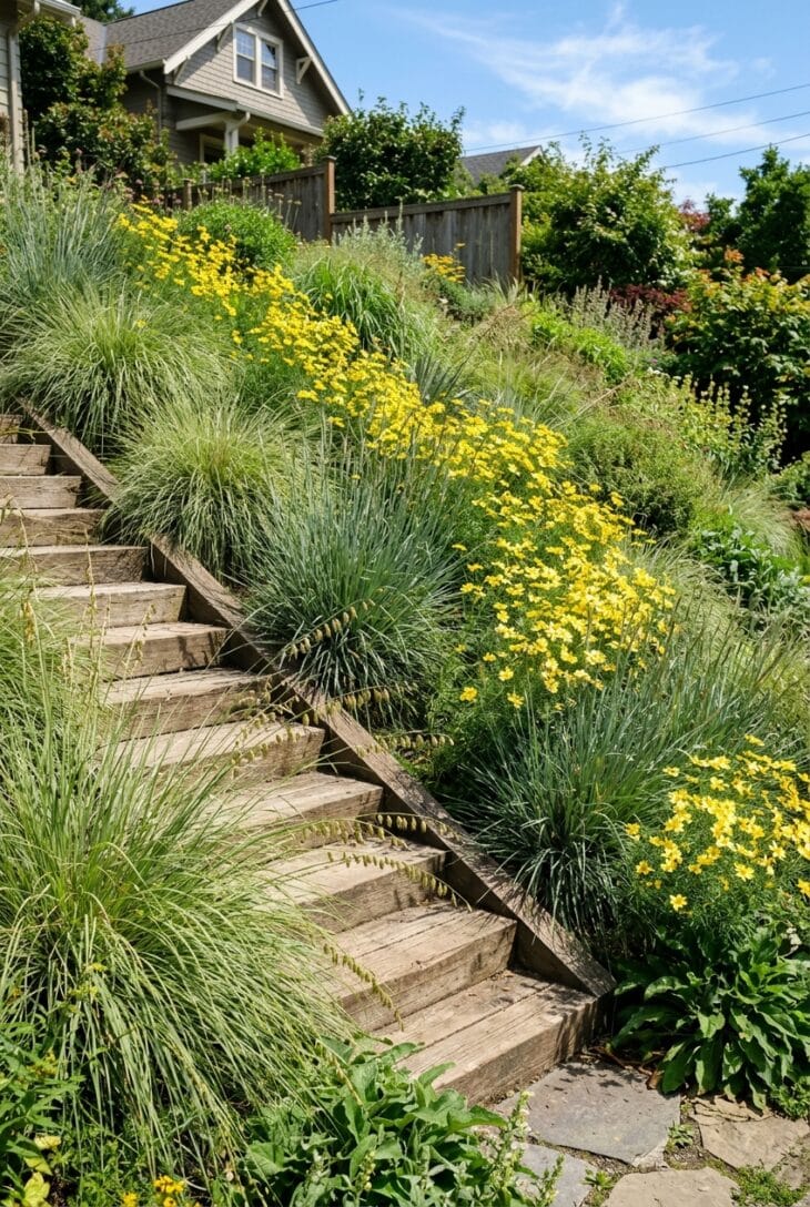 Steep sunny bank planted with native bunchgrasses and yellow coreopsis beside timber steps