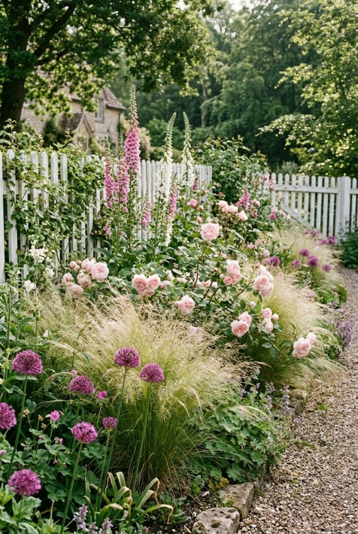 Cottage border of foxgloves, roses and alliums softened by the airy golden haze of tufted hair grass