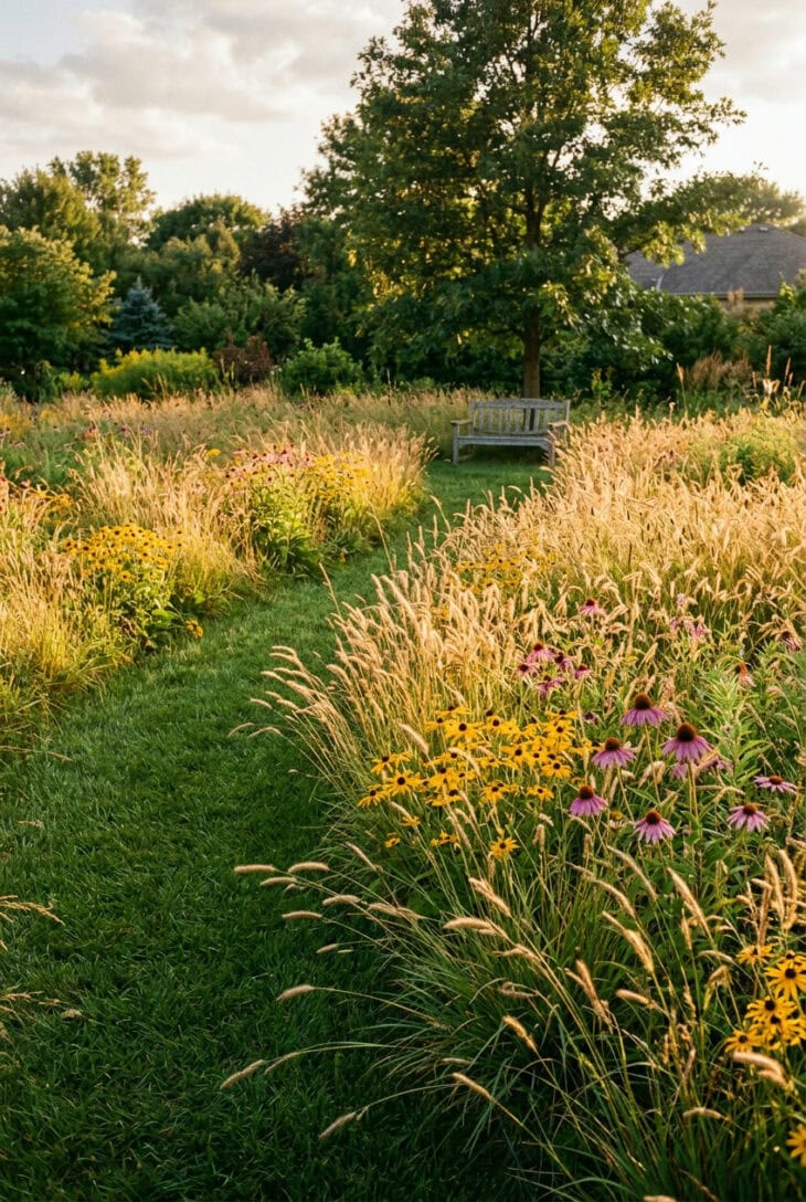 Mown grass path curving through a waist-high native grass meadow with black-eyed susans