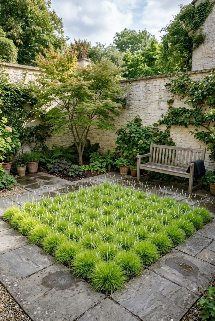 Grid of lime-green autumn moor grass mounds in a square bed in a stone courtyard