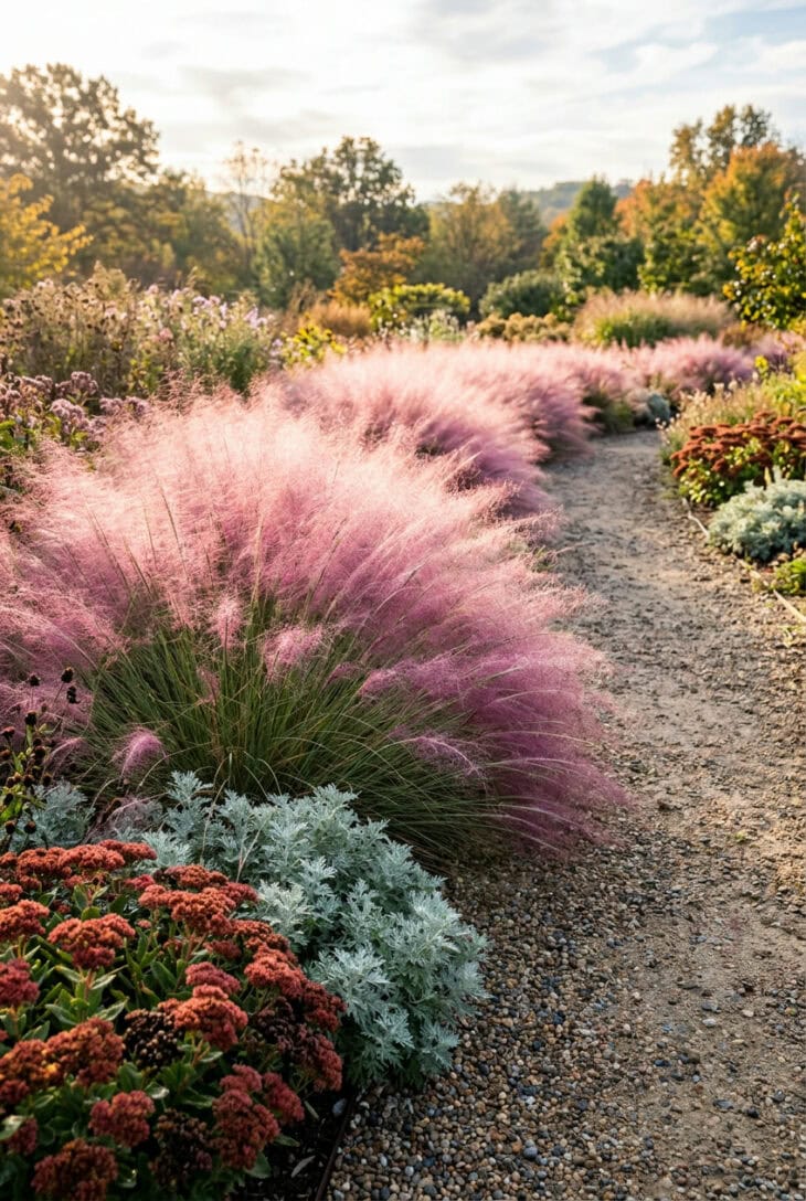 Sweep of pink muhly grass in fall bloom forming a pink haze beside a gravel path