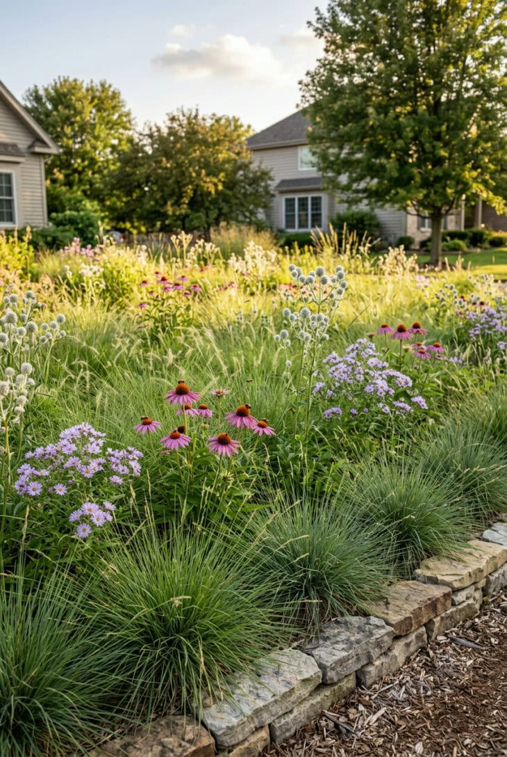 Prairie-style bed of fine grasses with purple coneflowers, rattlesnake master and asters rising through them