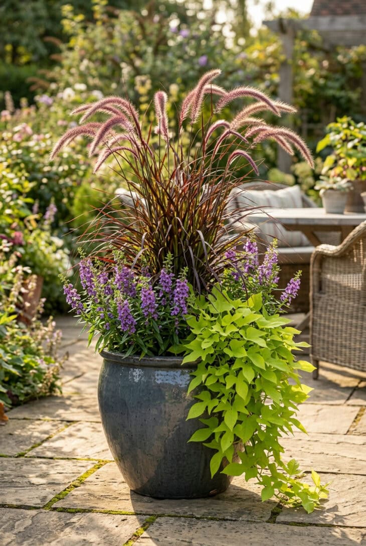 Charcoal pot planted with burgundy purple fountain grass, angelonia and trailing chartreuse sweet potato vine