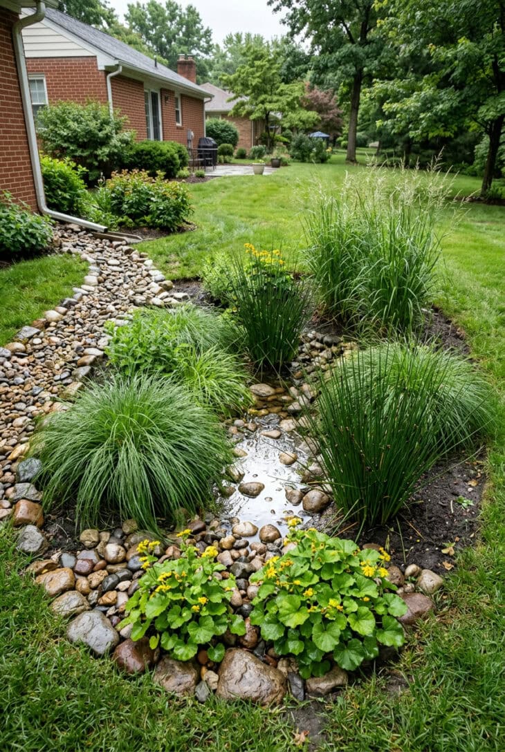 Shallow rain garden planted with sedges, soft rush and switchgrass after a rain shower