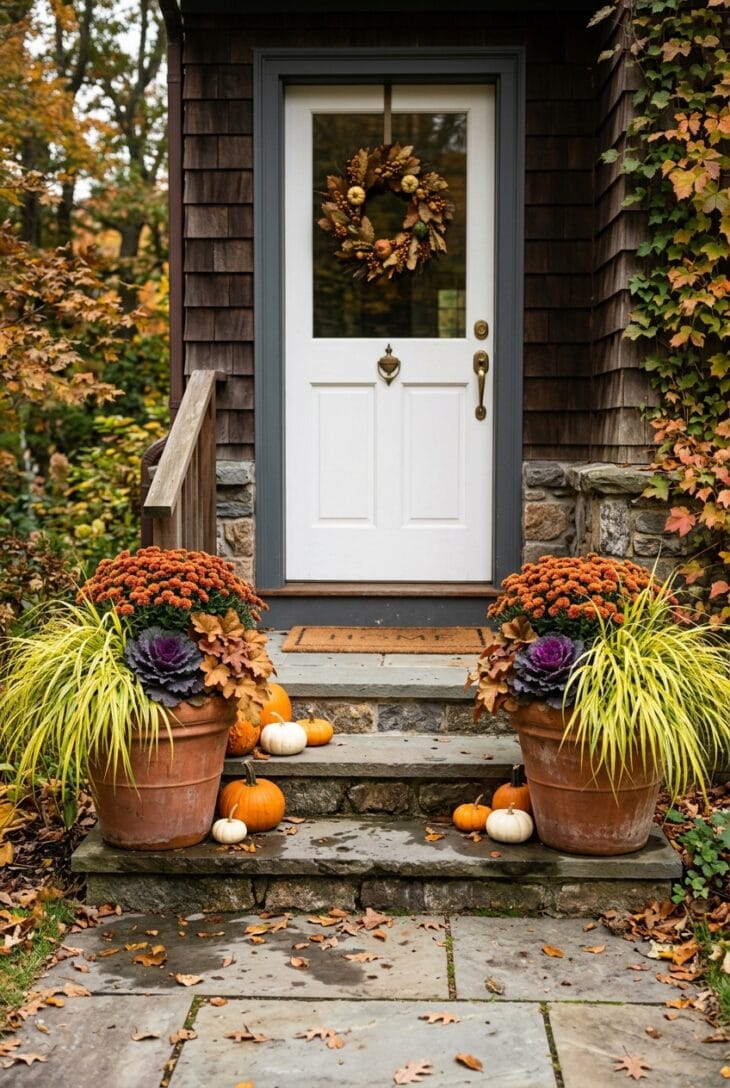 Terracotta fall planters with golden sedge, orange mums, caramel heuchera and ornamental kale