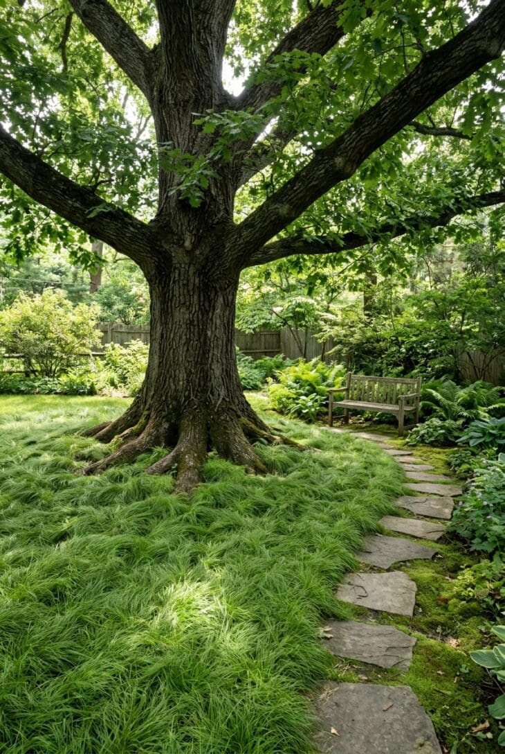 Soft carpet of Pennsylvania sedge under a mature oak with stepping stones leading to a bench
