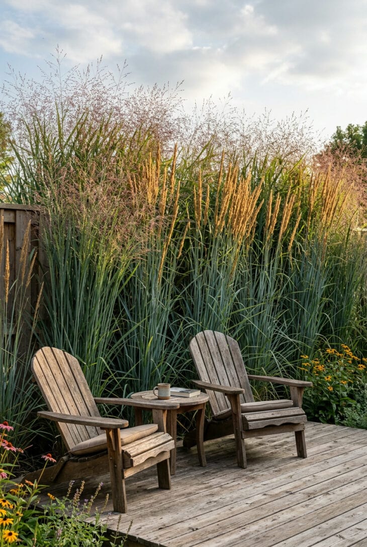 Tall row of switchgrass and Indian grass screening a backyard patio from the neighbors