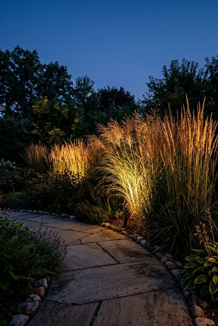 Tall ornamental grasses glowing gold from hidden ground lights at dusk beside a patio
