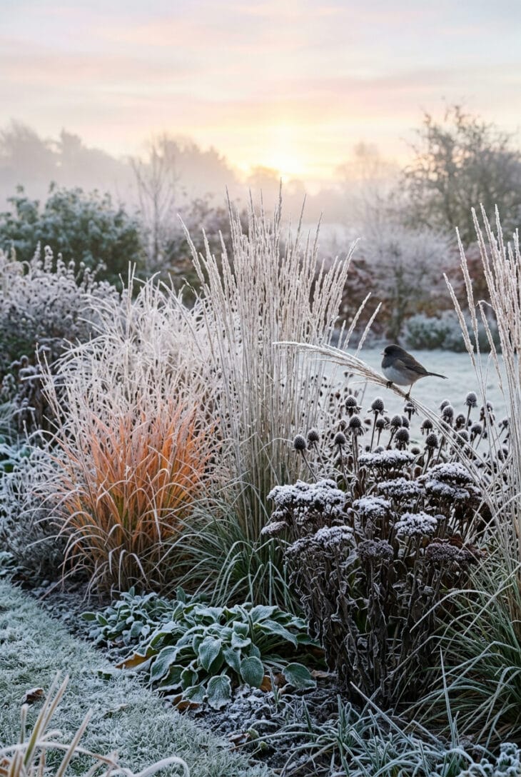 Frost-covered ornamental grasses and coneflower seedheads in a winter garden at sunrise with a junco