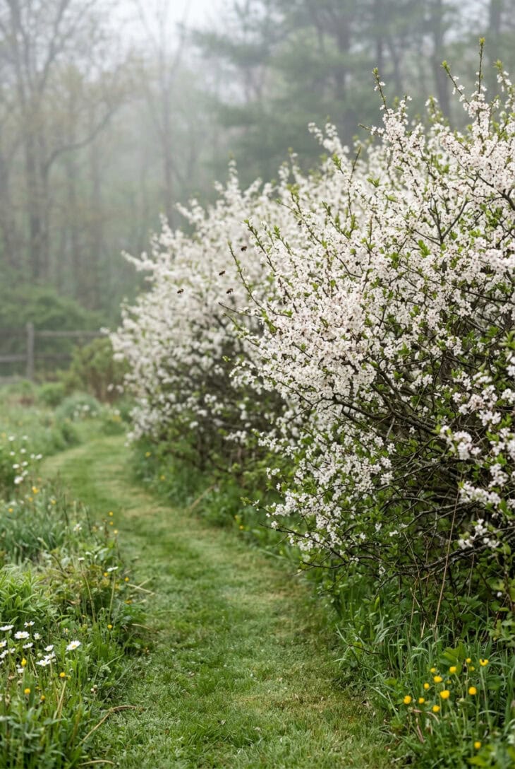 Thicket of American plum shrubs covered in white spring blossom with bees and a mown grass path in front