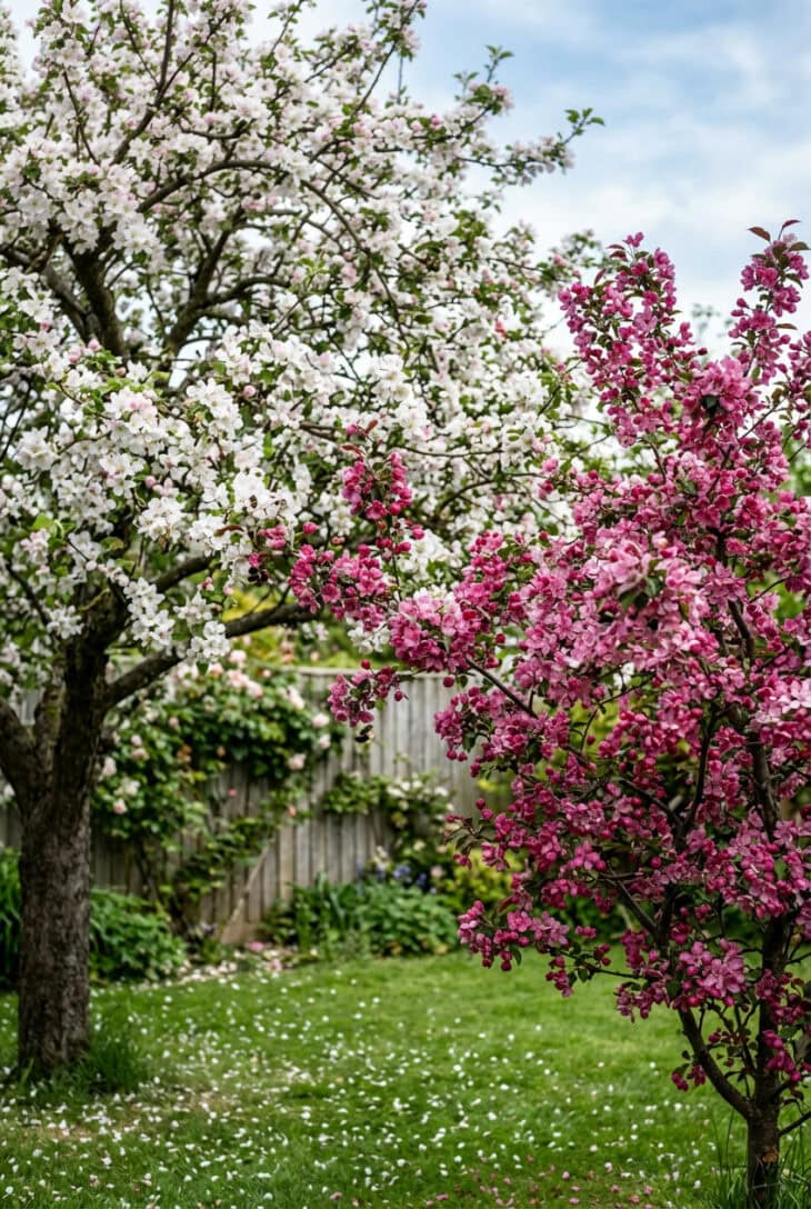 Apple tree in white and pale pink blossom beside a deep pink crabapple with bees visiting the flowers